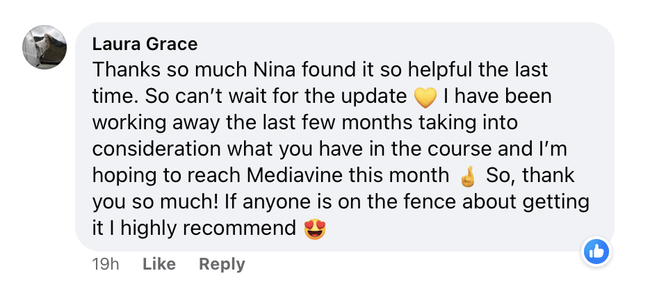 "Laura Grace
Thanks so much Nina found it so helpful the last time. So can't wait for the update (yellow heart emoji) I have been working away the last few months taking into consideration what you have in the course and I'm hoping to reach Mediavine this month& So, thank
So, thank you so much! If anyone is on the fence about getting it I highly recommend (heart eye emoji)"